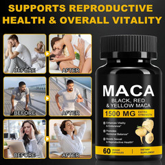 Maca Orgánica 1500mg Raíz Peruana Negra Roja Amarilla 60 Cápsulas Veganas