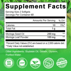 Moringa Leaf Organic Extract 1000mg Serving 100% Pure 120 Caps Immune Support US