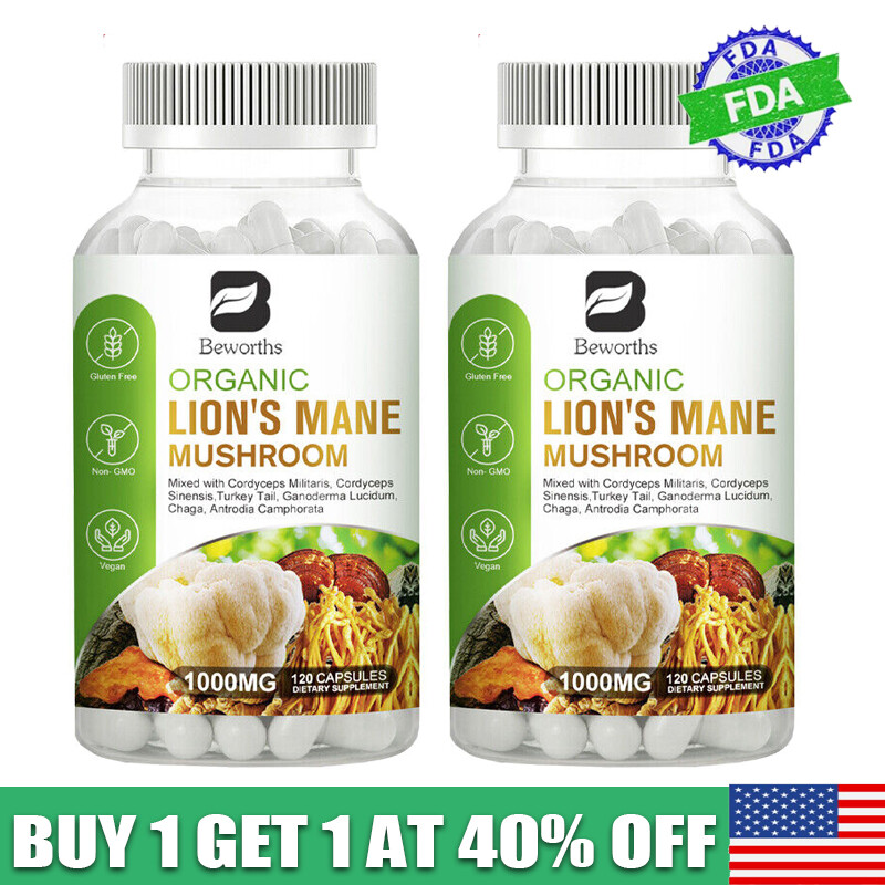 1000Mg Organic Lions Mane Mushroom Nootropic Brain Memory Focus Immune Support